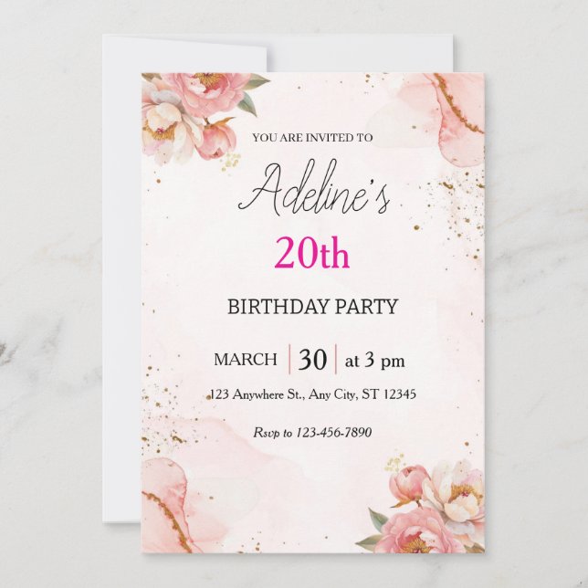 Blush Rose Floral Birthday Invitation (Front)