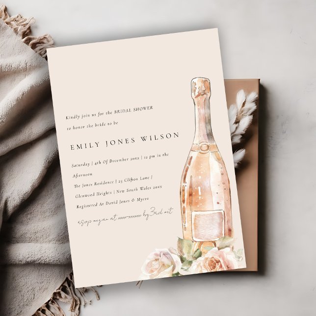 Blush Rose Floral Champagne Wine Bridal Shower Invitation (Creator Uploaded)