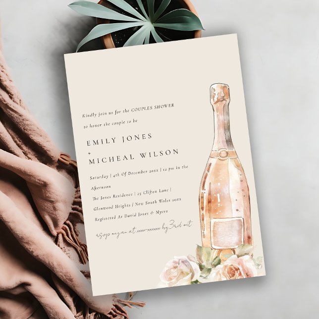 Blush Rose Floral Champagne Wine Couples Shower Invitation (Creator Uploaded)