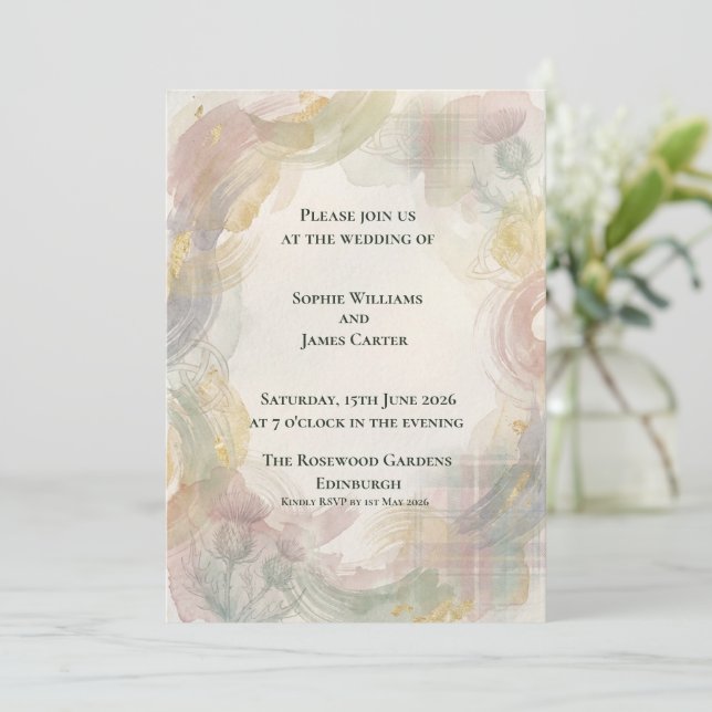 Blush Rose Floral Gold Hexagon Romantic Scottish W Invitation (Standing Front)