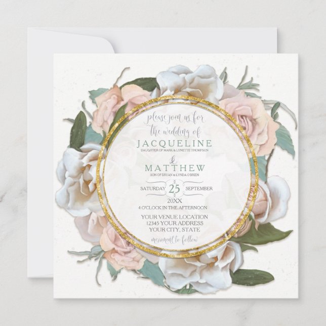 Blush Rose Floral Gold Modern Typography Script Invitation (Front)