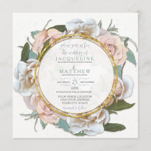 Blush Rose Floral Gold Modern Typography Script Invitation
