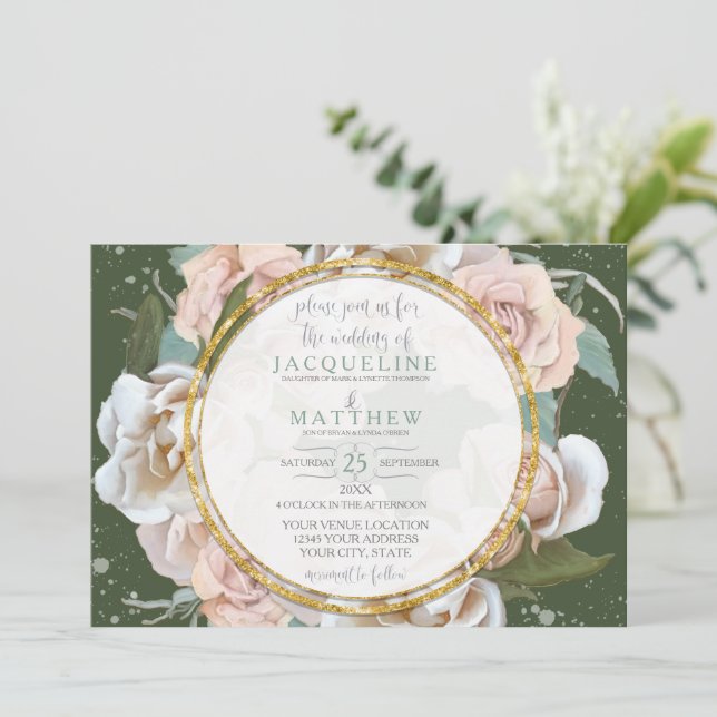 Blush Rose Floral Gold Moss Green Foliage Elegant Invitation (Standing Front)
