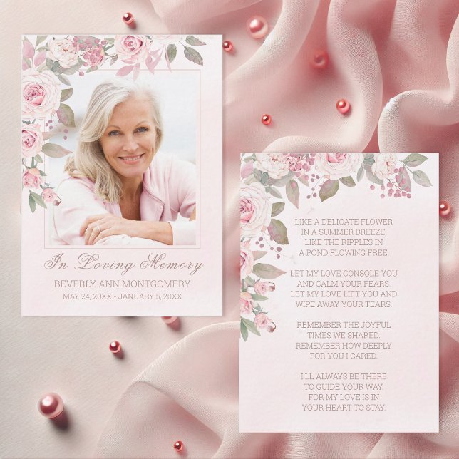 Blush Rose Floral Photo Funeral Memorial Card (Elegant In Memory of Pink Rose Floral Photo Funeral Card with Poem)