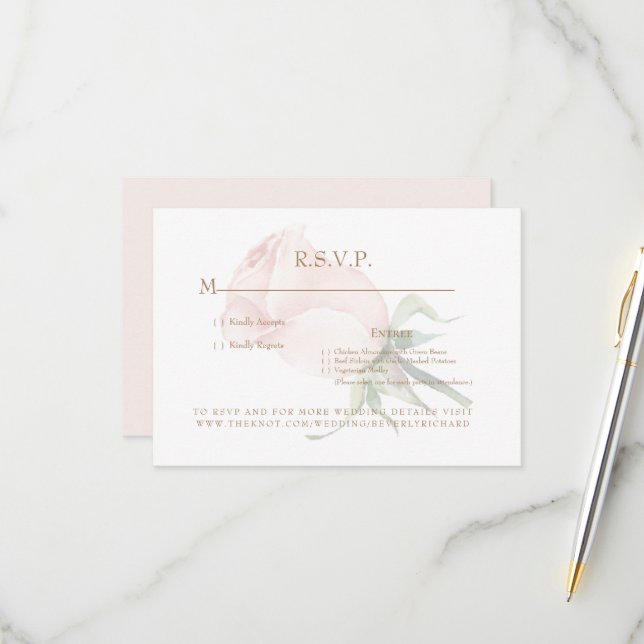 Blush Rose Floral Simple Wedding RSVP Card (Front/Back In Situ)