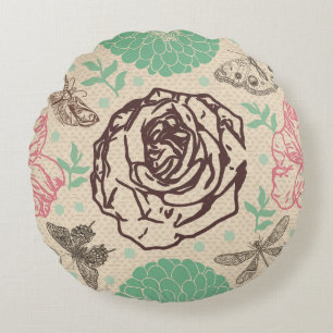Blush Rose Floral Vintage Garden Pattern Round Cushion