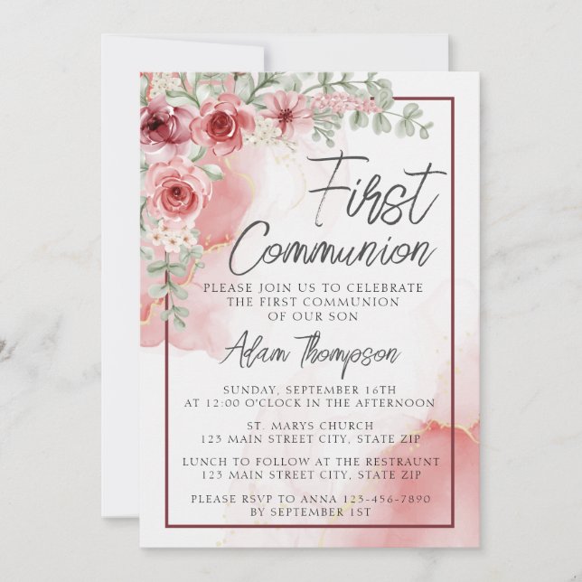 Blush Rose Floral Watercolor First Communion Invitation (Front)