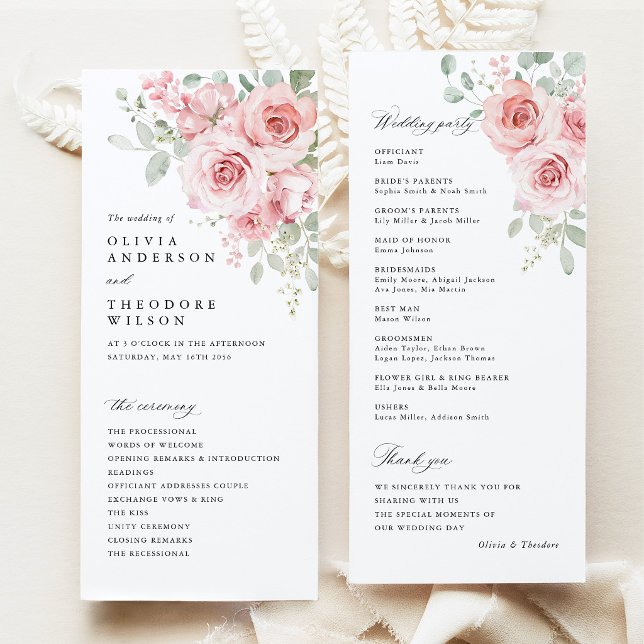Blush Rose Floral Wedding Ceremony Program (Blush Rose Floral Wedding Program, Watercolor Blush Pink Floral  Ceremony Program)