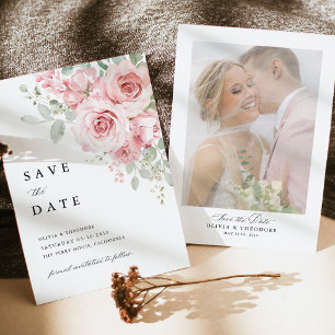 Blush Rose Floral Wedding Photo Back Save The Date