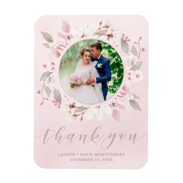 Blush Rose Floral Wreath Wedding Photo Thank You Magnet (Vertical)