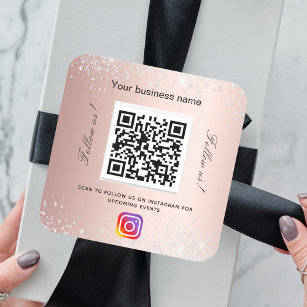 Blush rose glitter business name qr code instagram square sticker