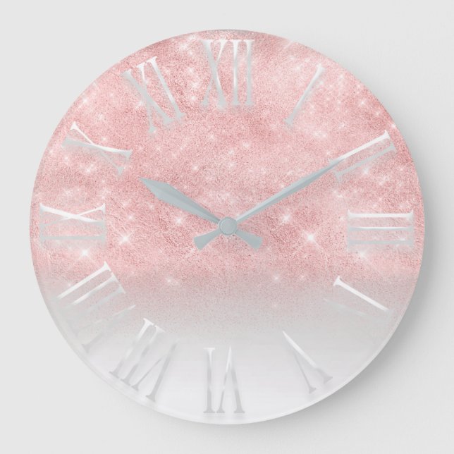 Blush Rose Glitter Ombre White Spark Princess Large Clock (Front)