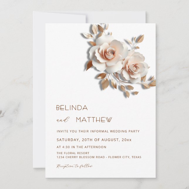 Blush  Rose Gold 3D Flowers Simple Invitation (Front)