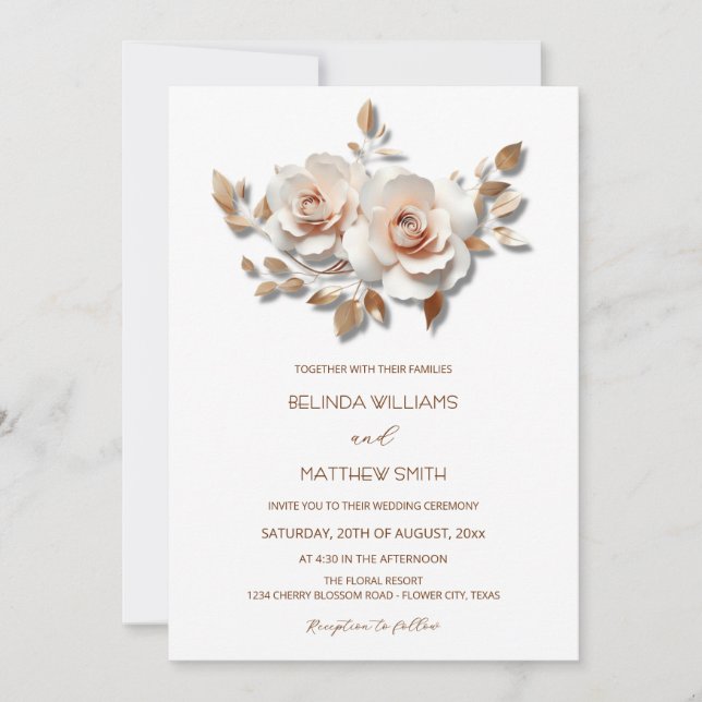 Blush  Rose Gold 3D Flowers Simple Invitation (Front)