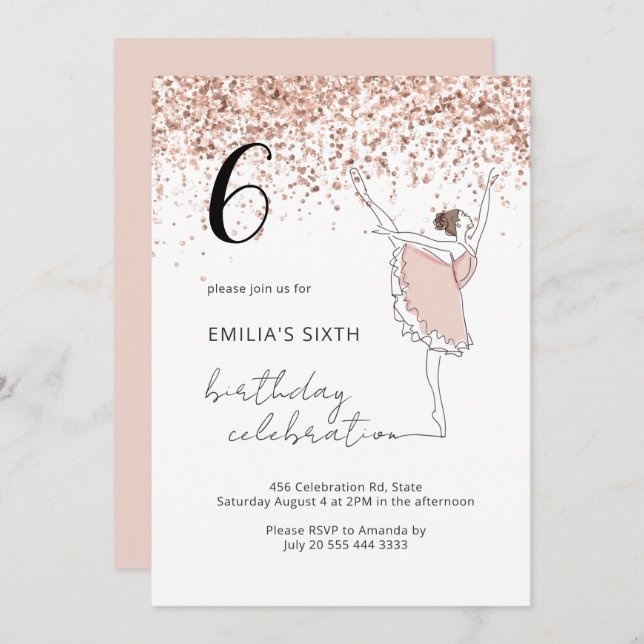 Blush Rose Gold Ballerina Ballet Dancer Birthday  Invitation (Front/Back)