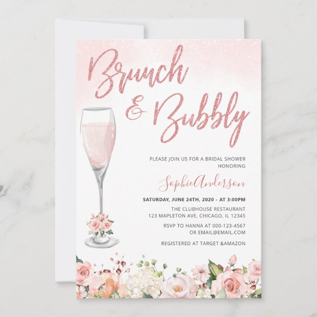 Blush Rose Gold Brunch And Bubbly Bridal Shower Invitation (Front)
