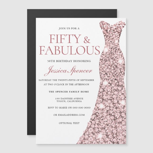 Blush & Rose Gold Fifty & Fabulous 50th Birthday Magnetic Invitation (Front/Back)