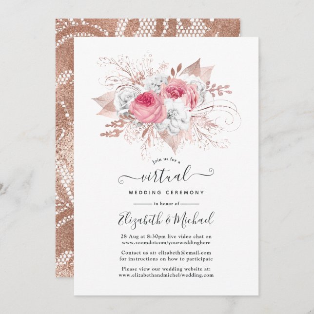 Blush & Rose Gold Floral and Lace Virtual Wedding Invitation (Front/Back)