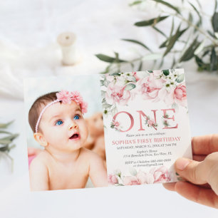 Blush & Rose Gold Floral Baby 1st Birthday Invitation