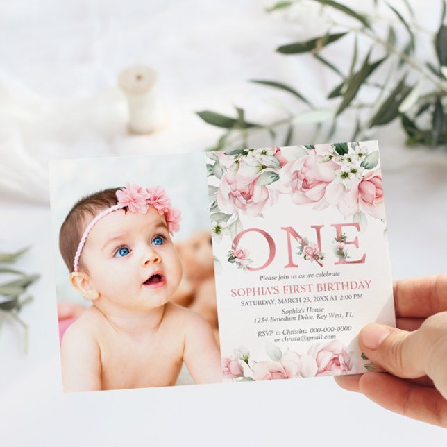 Blush & Rose Gold Floral Baby 1st Birthday Invitation (Creator Uploaded)