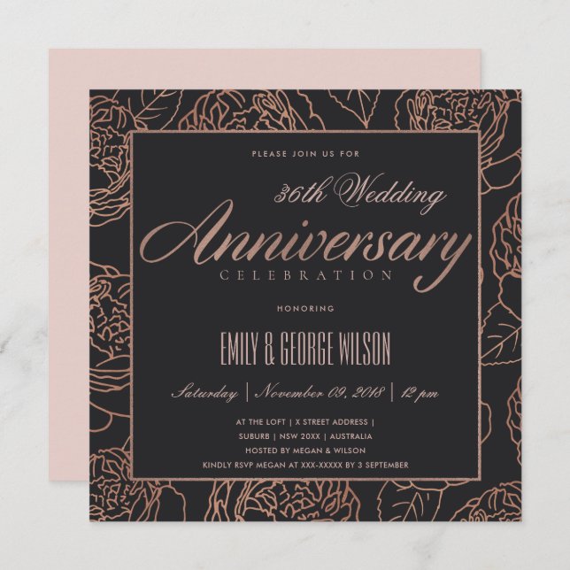 BLUSH ROSE GOLD FLORAL BLACK ANY YEAR ANNIVERSARY INVITATION (Front/Back)