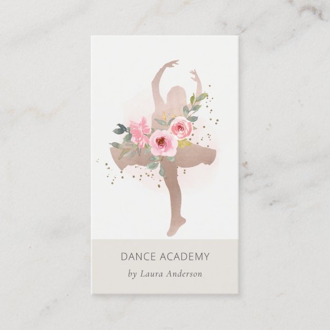 Blush Rose Gold Floral Dancer Dance Academy Logo Business Card (Front)
