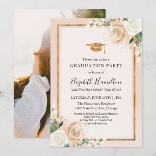 Blush & Rose Gold Floral Graduation Party Photo Invitation