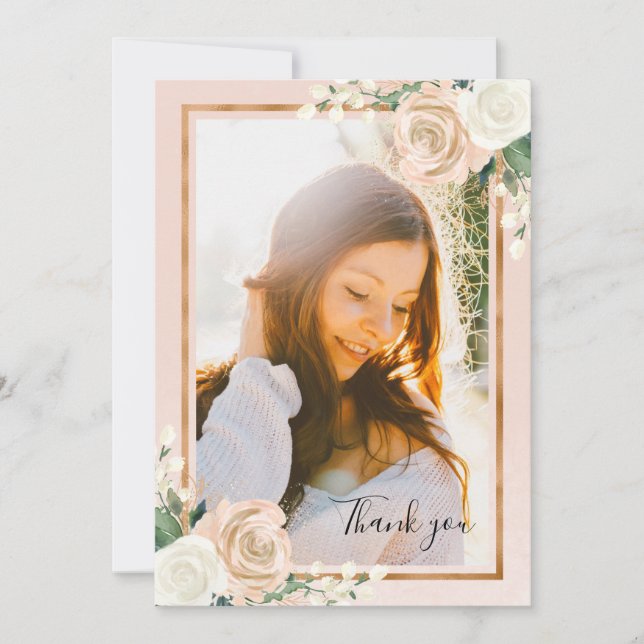 Blush & Rose Gold Floral Graduation Thank You Card (Front)