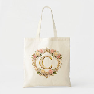 Blush Rose Gold Floral Monogram Letter C Wedding Tote Bag