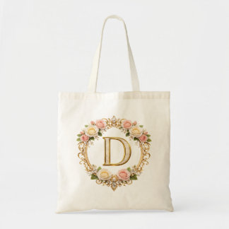 Blush Rose Gold Floral Monogram Letter D Wedding Tote Bag
