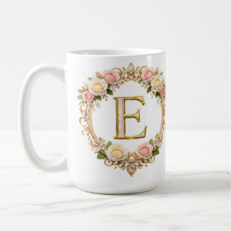 Blush Rose Gold Floral Monogram Letter E Wedding Coffee Mug