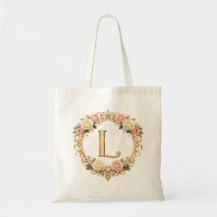 Blush Rose Gold Floral Monogram Letter L Wedding Tote Bag