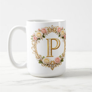Blush Rose Gold Floral Monogram Letter P Wedding Coffee Mug
