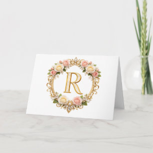Blush Rose Gold Floral Monogram Letter R Wedding Thank You Card