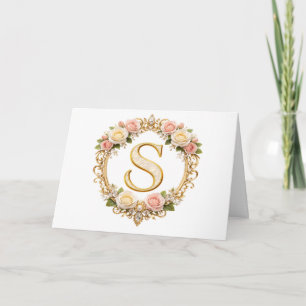 Blush Rose Gold Floral Monogram Letter S Wedding Thank You Card