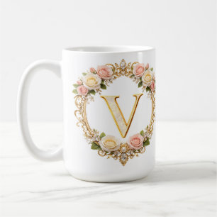 Blush Rose Gold Floral Monogram Letter V Wedding Coffee Mug