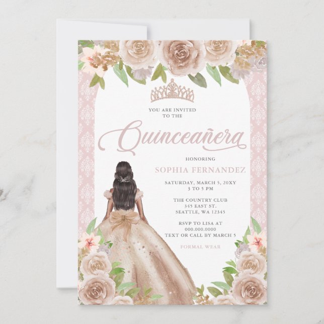 Blush Rose Gold Floral Princess Tiara Quinceañera Invitation (Front)