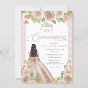 Blush Rose Gold Floral Princess Tiara Quinceañera Invitation