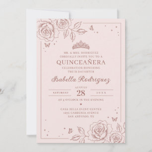 Blush Rose Gold Floral Quinceañera Invitation