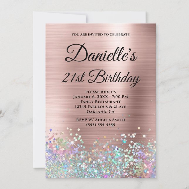 Blush Rose Gold Foil Holo Glitter Fancy Monogram Invitation (Front)