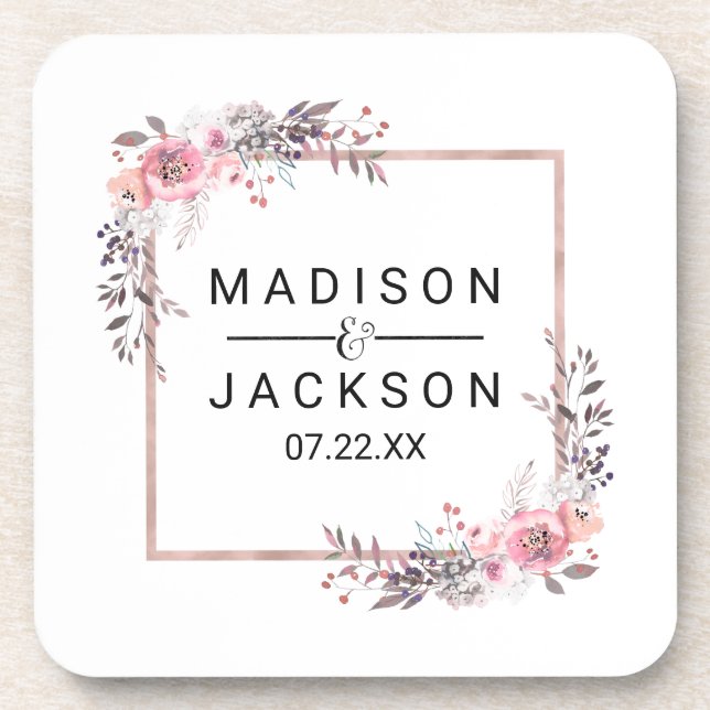Blush & Rose Gold Framed Floral Wedding Monogram Coaster (Front)