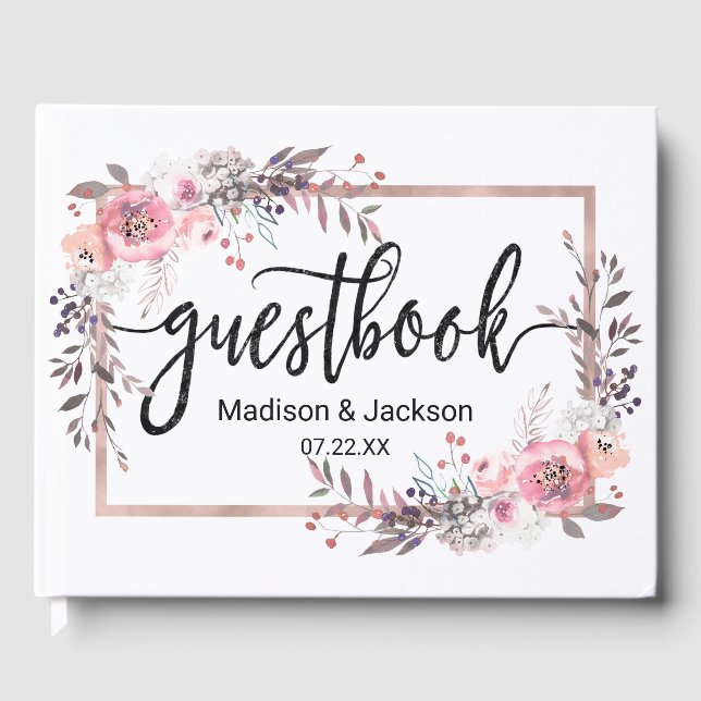 Blush & Rose Gold Framed Floral Wedding Monogram Guest Book (Front)