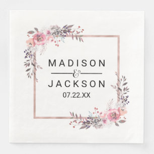Blush & Rose Gold Framed Floral Wedding Monogram Napkin