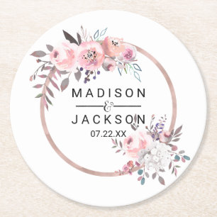 Blush & Rose Gold Framed Floral Wedding Monogram Round Paper Coaster