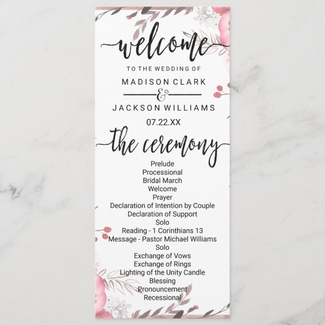 Blush & Rose Gold Framed Floral Wedding Program (Front)