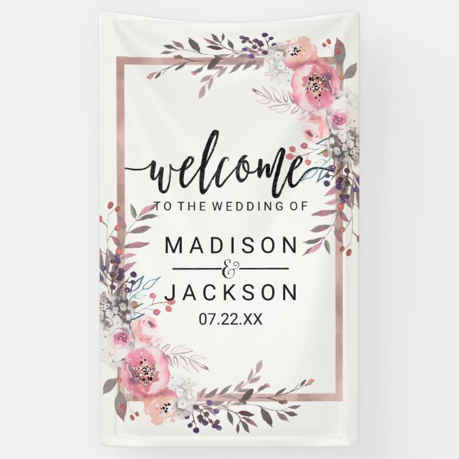 Blush & Rose Gold Framed Floral Wedding Welcome Banner (Vertical)