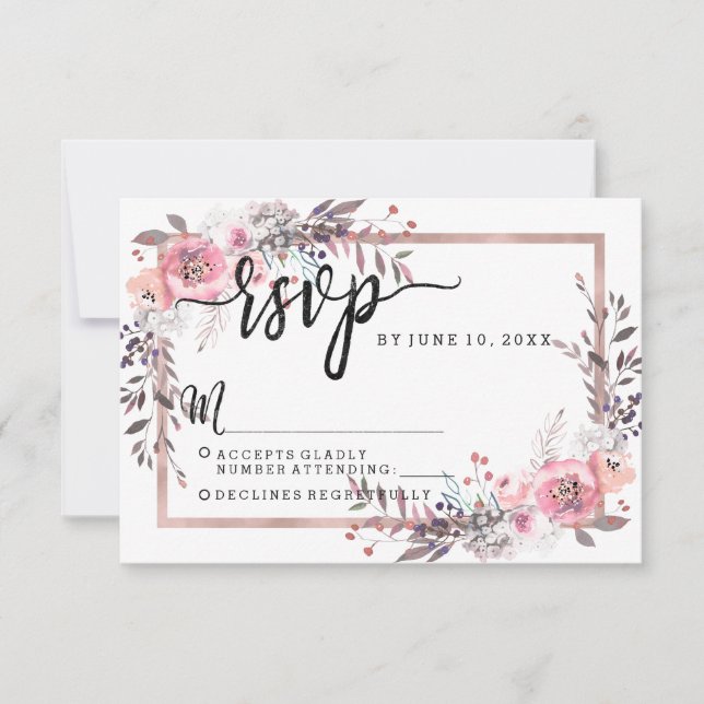 Blush & Rose Gold Framed Wedding RSVP Response (Front)