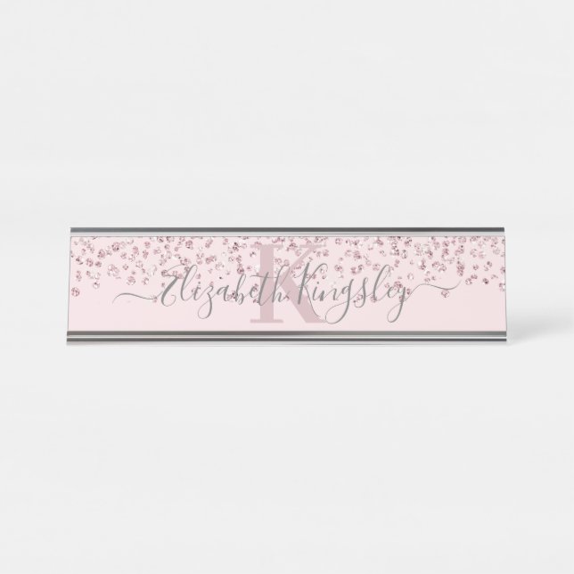 Blush Rose Gold Glitter Diamond Monogram Desk Name Plate (Front)