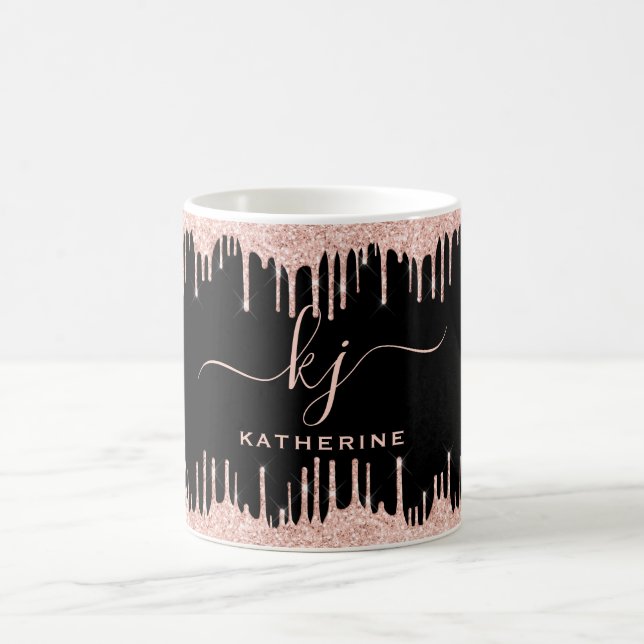 Blush Rose Gold Glitter Drips 2 Monogram Script Coffee Mug (Center)