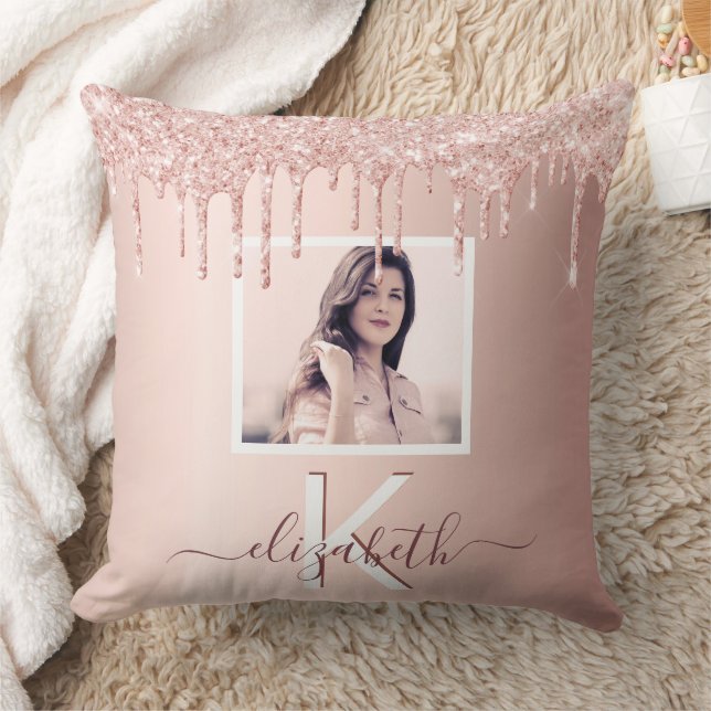 Blush rose gold glitter drips photo name cushion (Blanket)